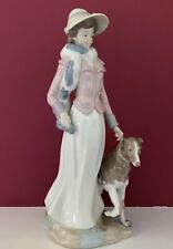 HUGE 14.5” NADAL LLADRO #853 LADY WOMAN FIGURINE WITH BONNET & SCARF WALKING DOG picture