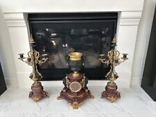 French Antique Rouge Marble Bronze Clock Set - Late 1800s picture