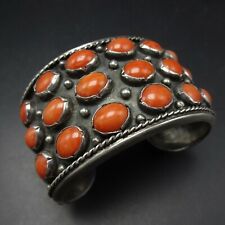 Vintage Heavy Gauge OXIDIZED Sterling Silver RED CORAL Cluster Cuff BRACELET 95g picture