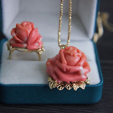 Genuine Natural Pink Coral Ring Pendant Set IN Sold 18K Yellow Gold certificate picture