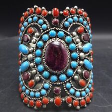 Magnificent RUSSELL SAM Navajo MULTI STONE Sterling Silver Cuff BRACELET Huge picture