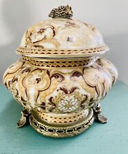 VTG Rare Amita Porcelain Bronze Leg Casket Trinket Jar Box Lead Burgundy Gilded picture