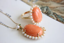 Genuine Natural Pink Coral Ring & Pendant Set IN Sold 18K Yellow Gold & Pearl picture