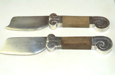 VINTAGE HECTOR AGUILLAR PAIR STERLING SILVER & WOOD CHEESE KNIVES AZTEC PATTERN picture