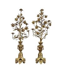 COVETED PAIR OF GILT BRONZE TREE FORM CANDELABRAS WITH MILK GLASS FLOWERS RARE picture