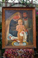 Huge Primitive Oil Painting 46” x 56” Alterpiece Religious Art Jesus Joseph Mary picture