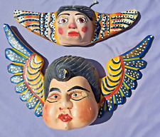 2 MEXICAN GUERRERO FOLK ART VINTAGE CARVED WOOD ANGEL PUTTI Cherub Cacheton MASK picture