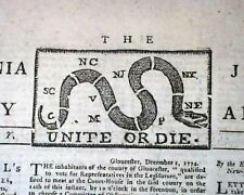 1774 UNITE OR DIE CARTOON by Ben Franklin Philadelphia Newspaper - Editor's Copy picture