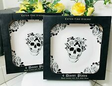 Halloween Dead Skull N Roses 8 Floral Gothic Dinner Plates Set EATON FINE DINING picture