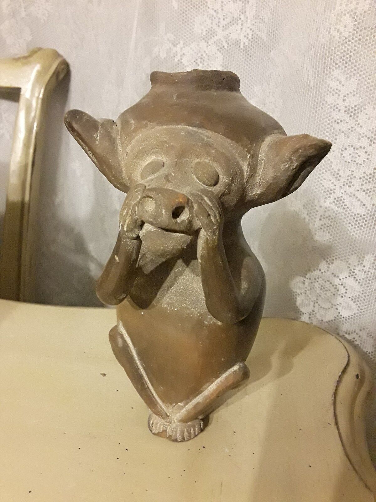 Ancient Artifact Creepy Gremlin Bat Gargoyle Alien? Pot Cup Clay Ceramic Relic