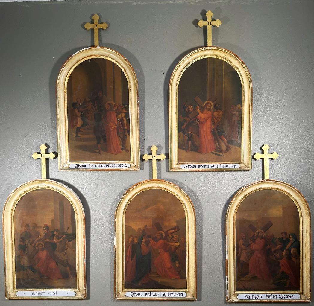 Antique Flemish Stations of the Cross Complete Set of 14 Oil on Copper Paintings