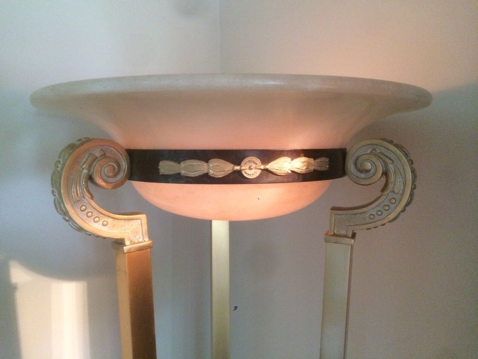 Lot 2 Italian Rococo Style White Alabaster shade Light Floor Torch Lamp Brass 