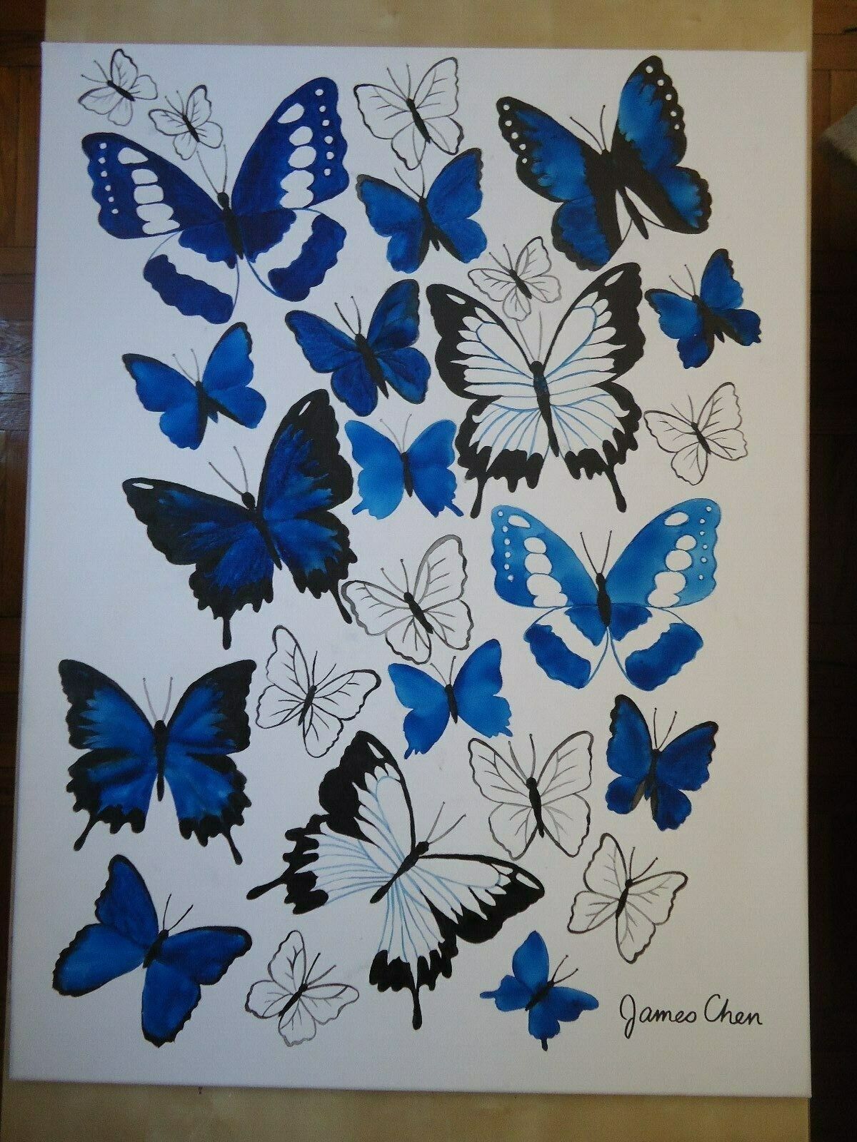 BLUE BUTTERFLIES #2 HUGE 30''X 40''PAINTING ON CANVAS BY COMIC ARTIST JAMES CHEN