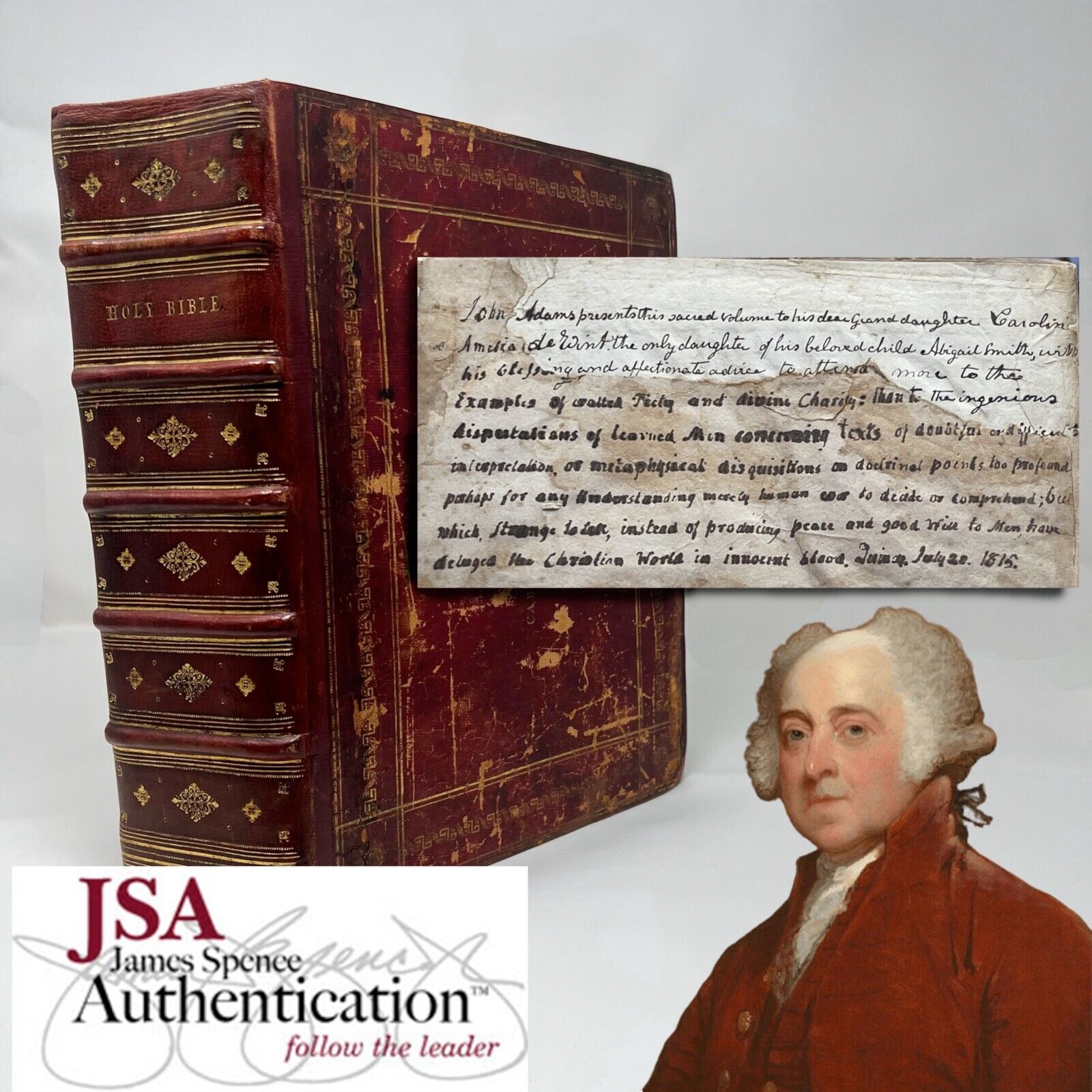 JOHN ADAMS * JSA * Autograph Family Bible Signed & Gifted to his Granddaughter