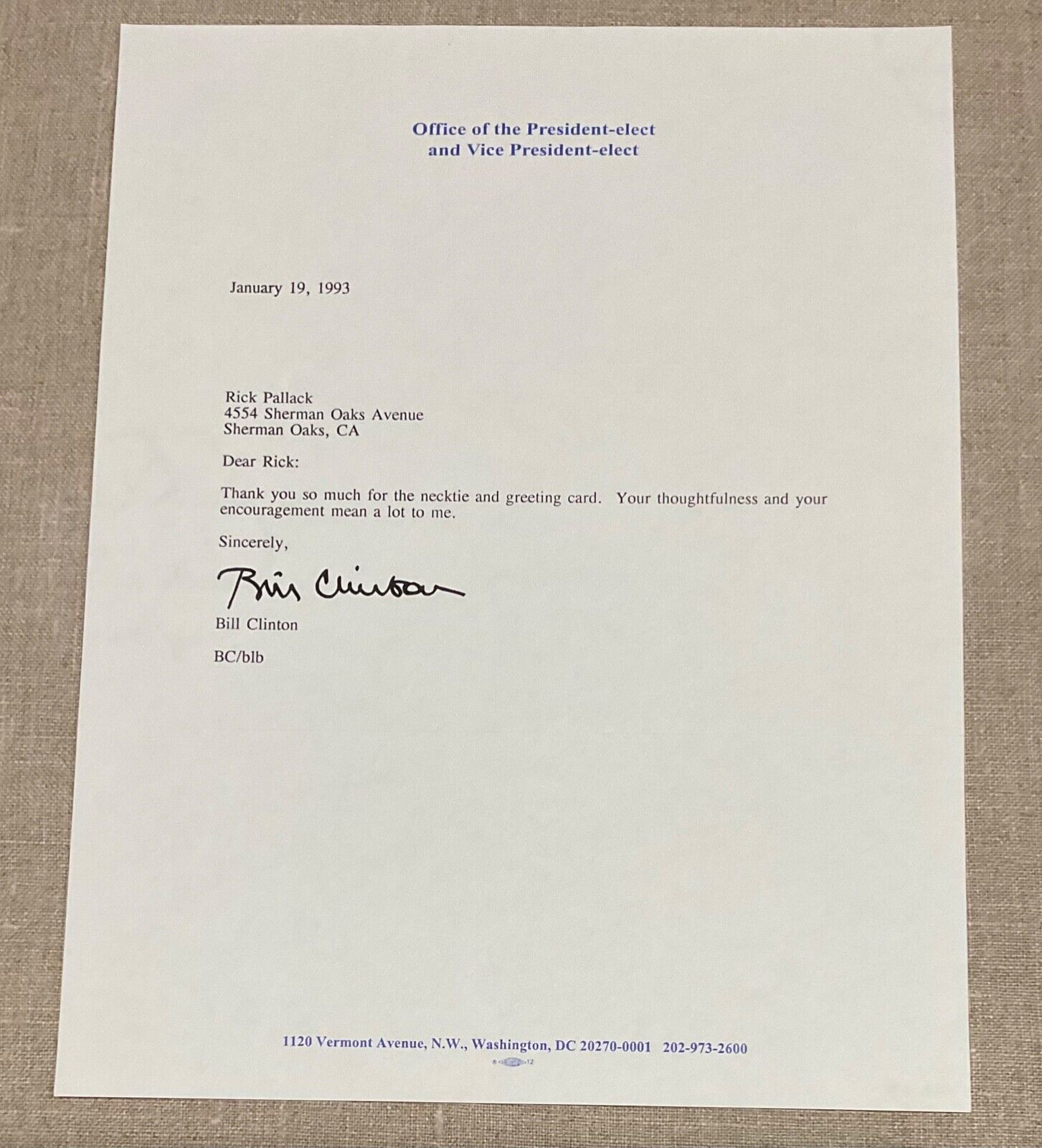 President Bill Clinton Authentic Original Autographed Signed Letter To Designer