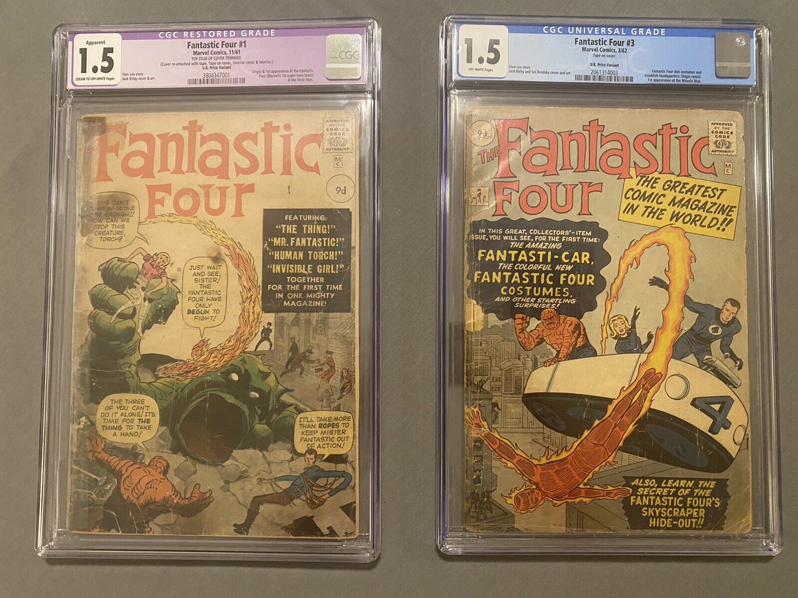 Fantastic Four #1 CGC Restored UK Pence 1.5 #3 CGC 1.5 UK Pence 1961 Marvel RARE