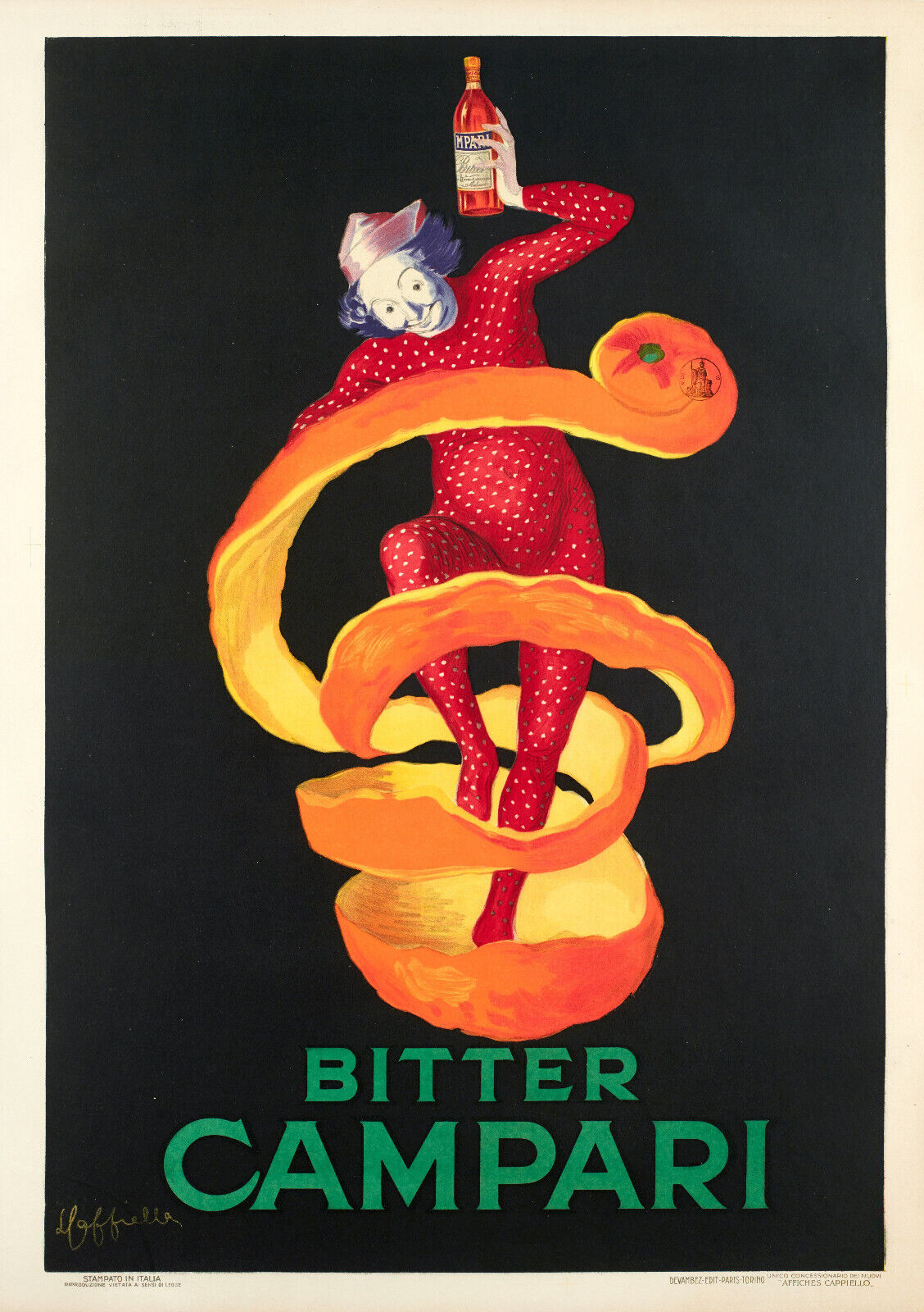 Original Alcohol Poster, Capiello, Bitter Campari, Clown, Orange Aperitif 1921