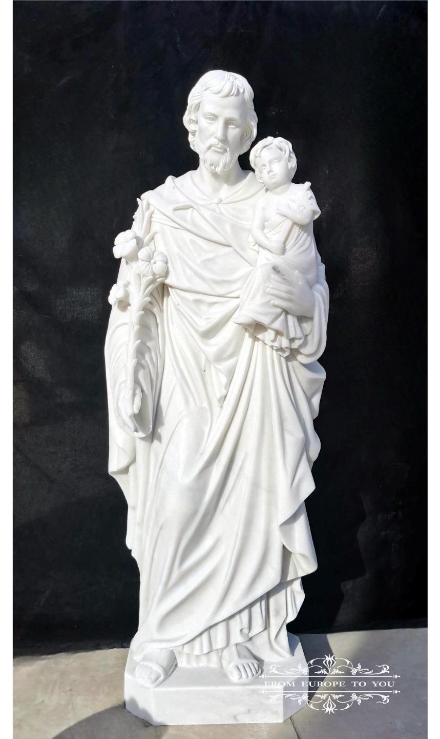 HAND CARVED MARBLE ST. JOSEPH AND CHILD STATUE - JJX15