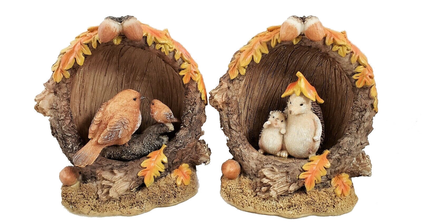 Sweet Autumn Birds & Hedgehog Family Fall Figurines Acorns Thanksgiving Set of 2