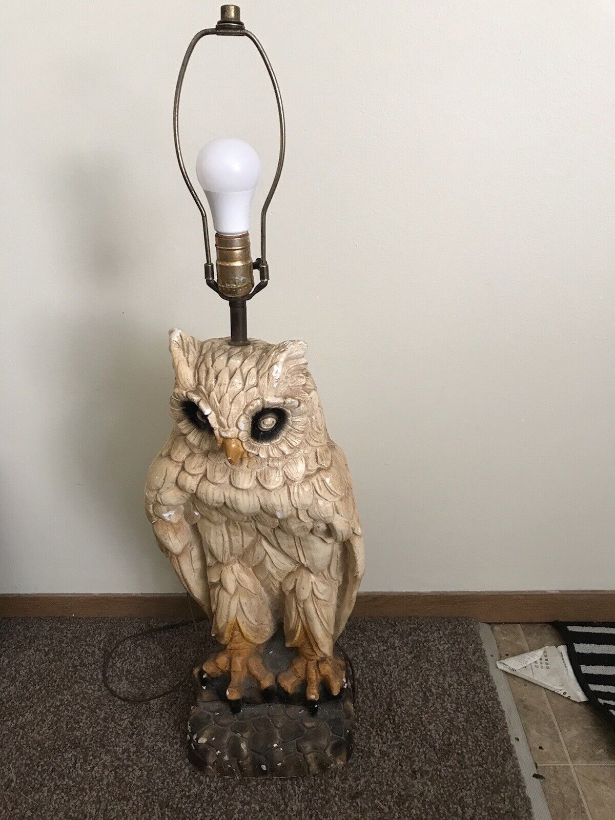 Rare Antique Horned Owl Lamp Authentic Original 1920's-1950's Chalkware