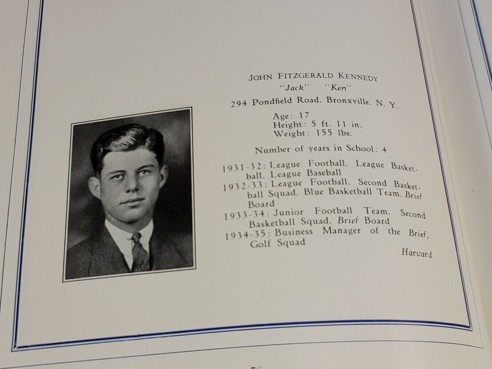 John Fitzgerald Kennedy 1935 Senior High School Yearbook JFK Beautiful 