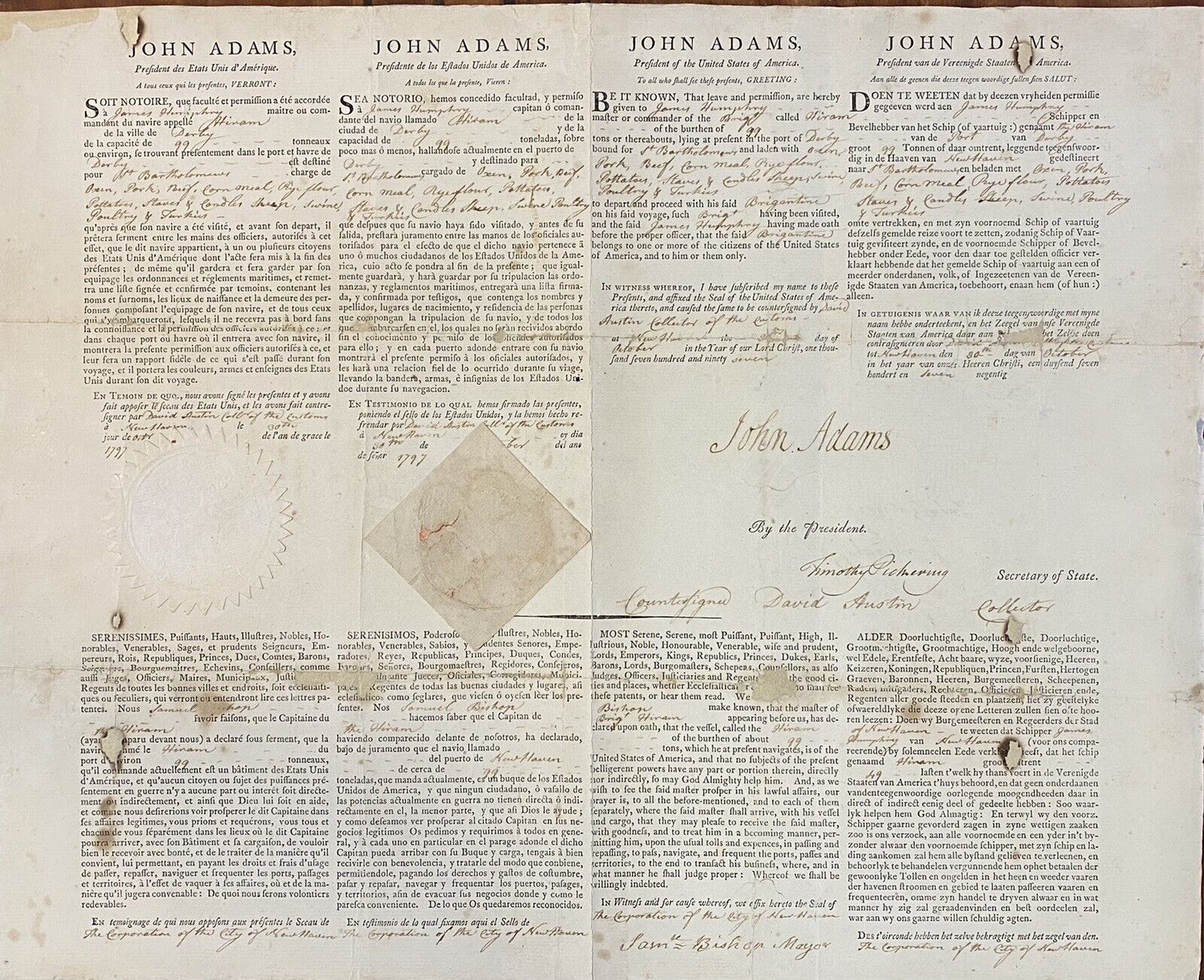 President John Adams Signed 4 Language Ship Papers Bold Sig BAS BECKETT As Pres.