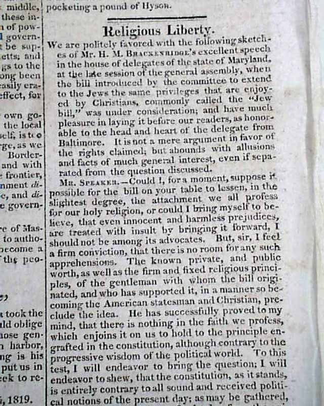 2 JEWS BILL Equal Rights Jewish Judaica Henry Marie Brackenridge 1819 Newspapers 2 JEWS BILL Equal Rights Jewish Judaica Henry Marie Brackenridge 1819 Newspapers