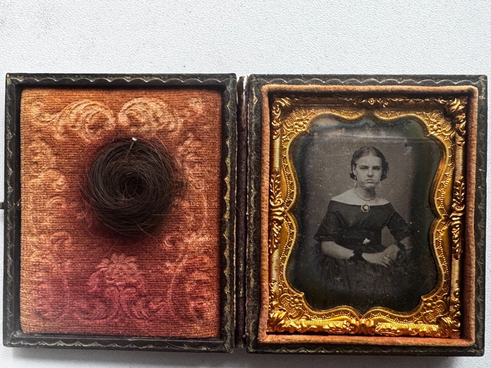 Incredible Antique Woman In Dress & Locket w/Hair DAGUERREOTYPE Dated 1857