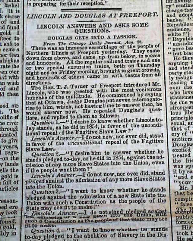 Rare Abraham Stephen Lincoln Douglas Debates #2 Freeport Illinois 1858 Newspaper