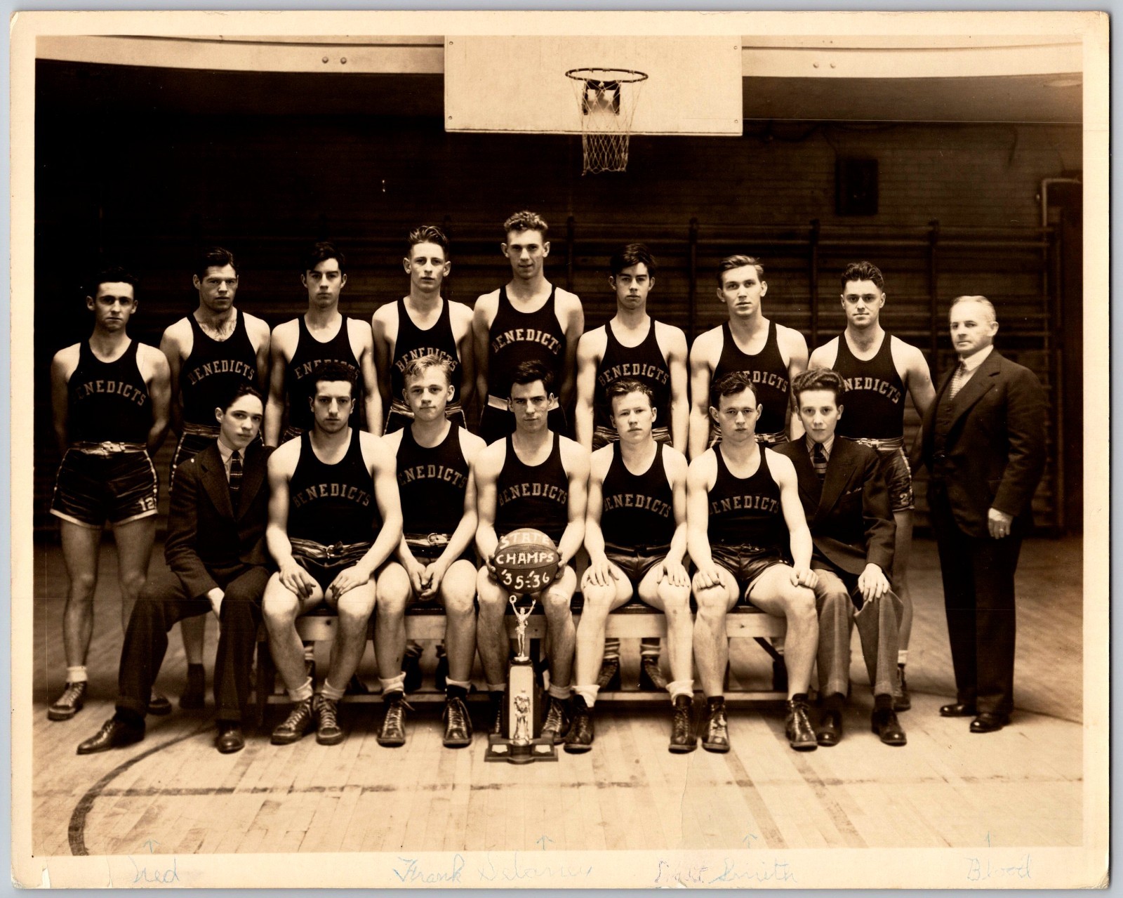 1935-36 St. Benedicts/Gray Bees H.O.F Coach Prof Blood Vintage Photo 1935-36 St. Benedicts/Gray Bees H.O.F Coach Prof Blood Vintage Photo