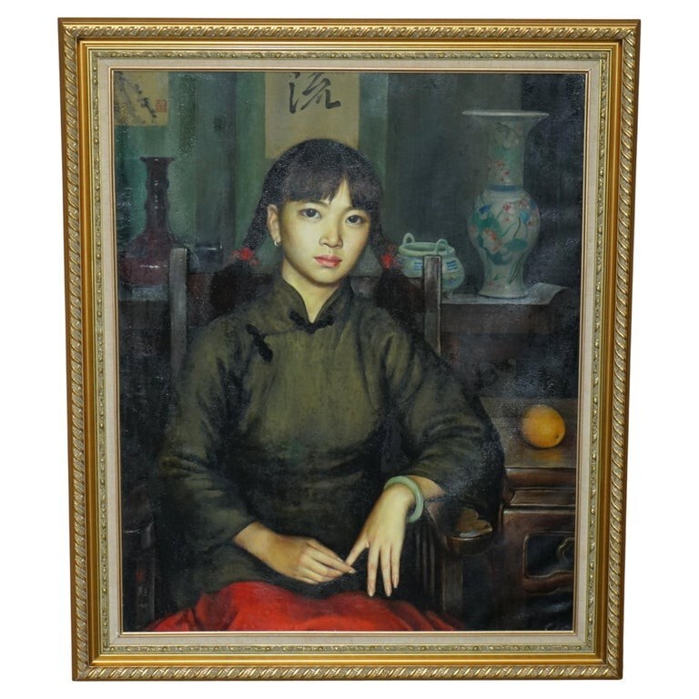 ZHANG YIZHI LARGE 117 X 98CM OIL ON CANVAS PAINTED PORTRAIT OF A SEATED LADY ZHANG YIZHI LARGE 117 X 98CM OIL ON CANVAS PAINTED PORTRAIT OF A SEATED LADY