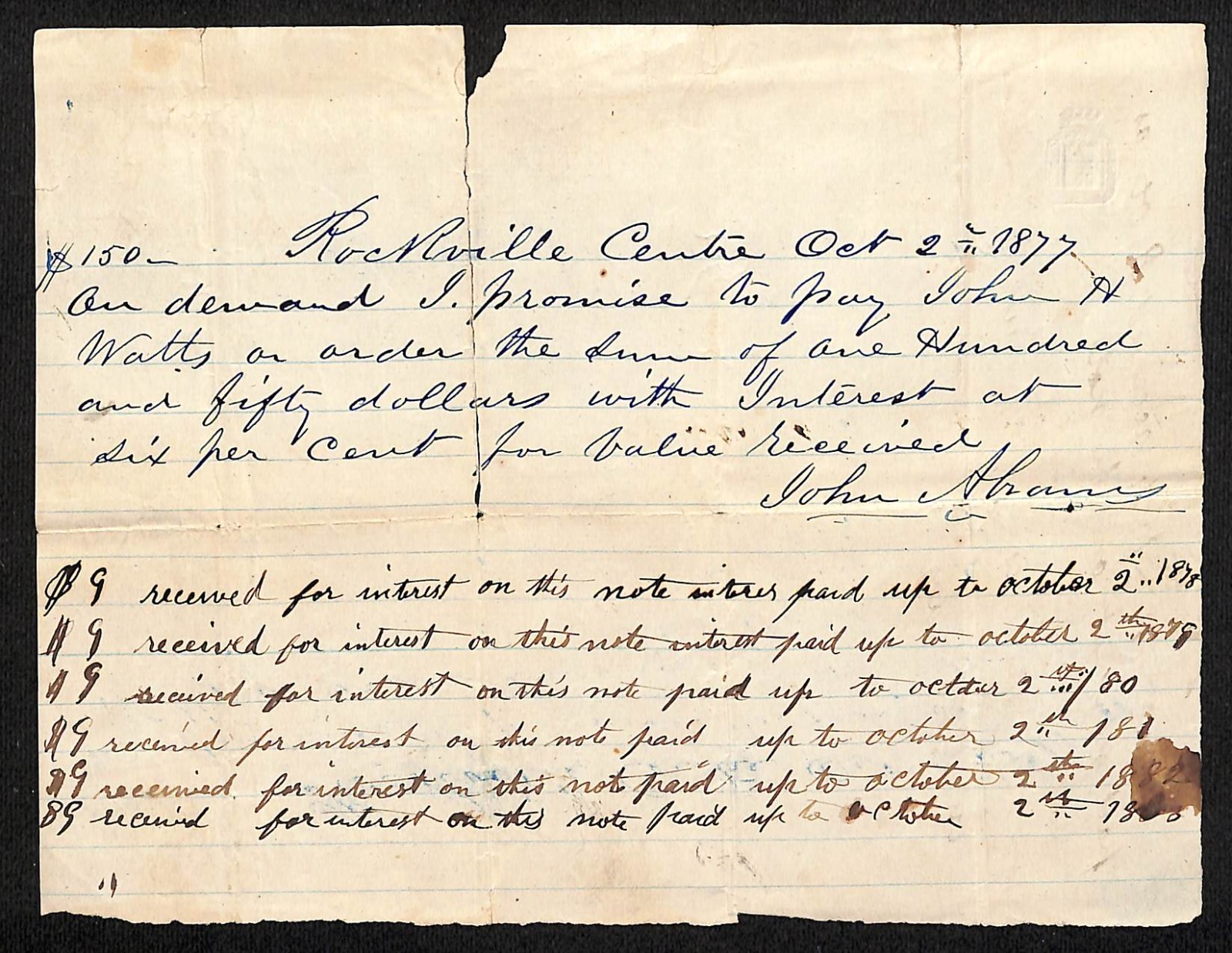 1877 John Abrams Rockville Centre, NY Promissory Note w/ Int. Payment History