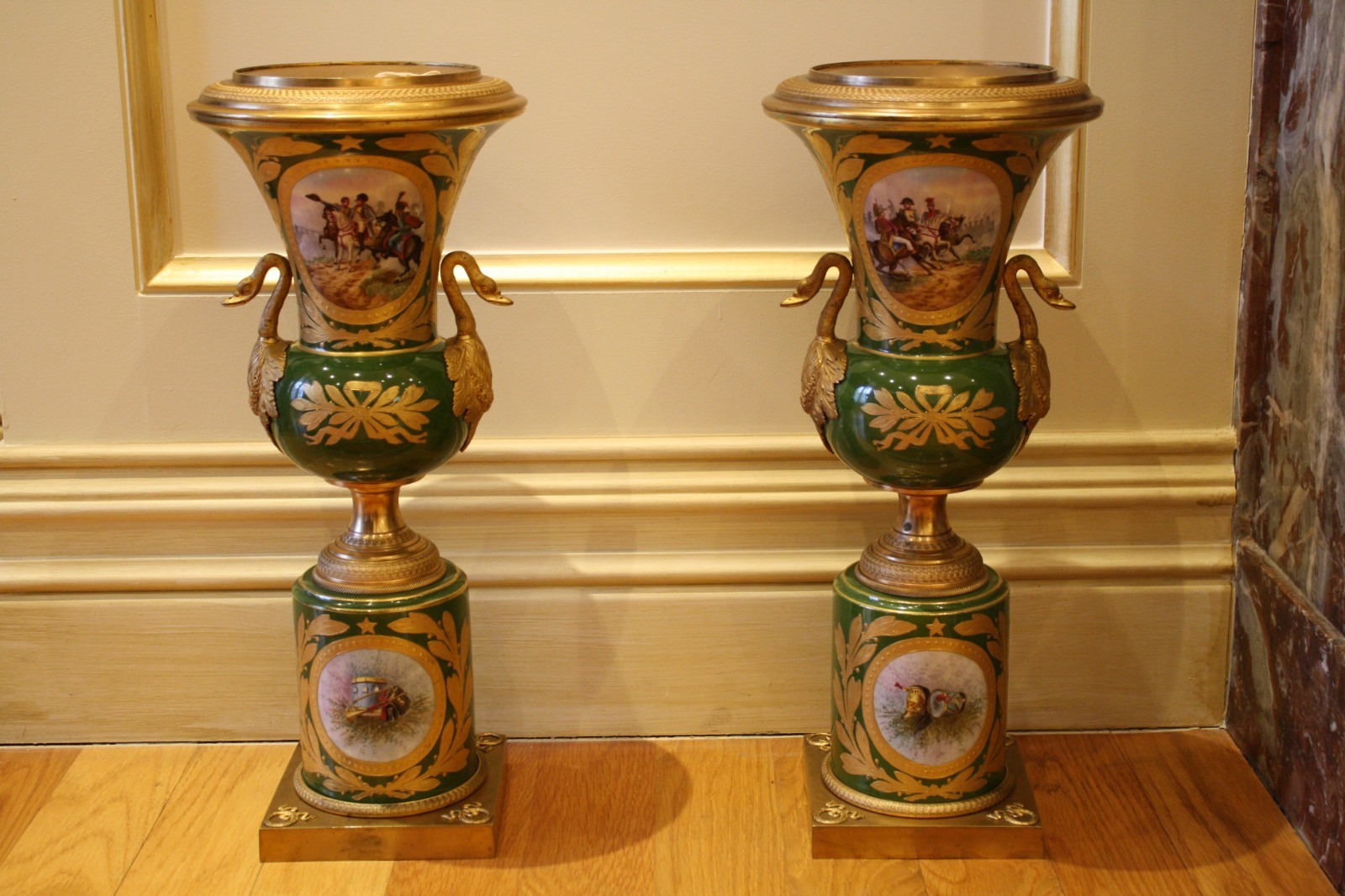 MAGNIFICENT PR OF 19C FRENCH SEVRES PORCELAIN GILT BRONZE MOUNTED HANDLED URNS