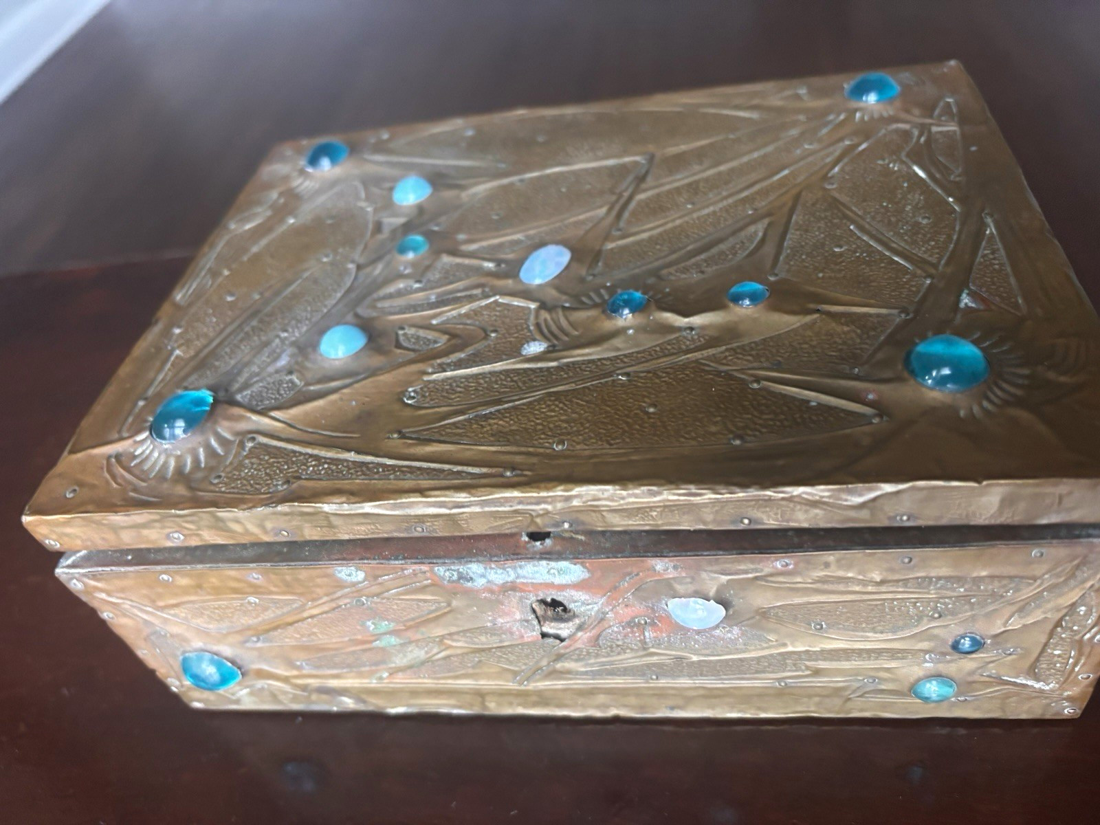 Antique Alfred Daguet Box Art Nouveau Hammered Copper Opal Jewel Casket As-Is)