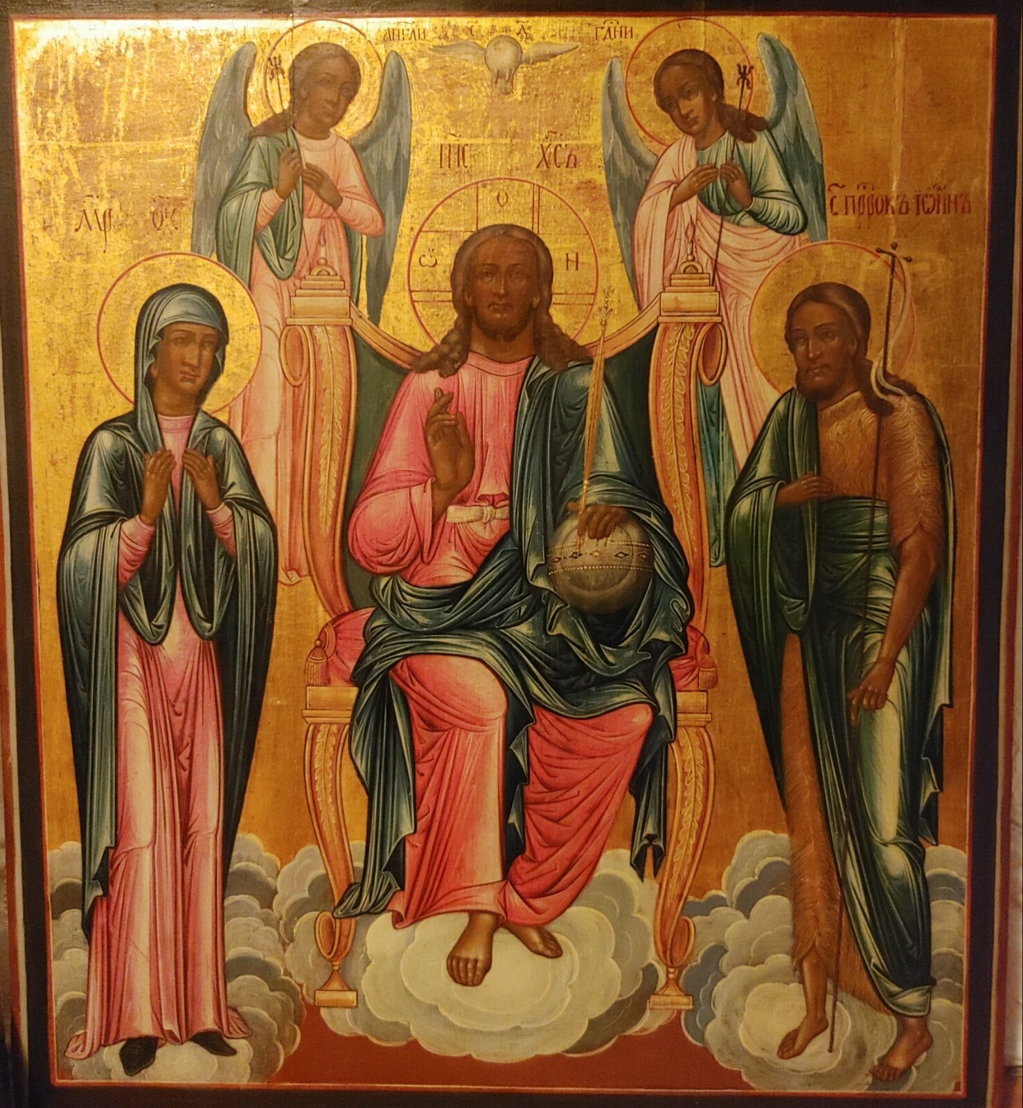 ANTIQUE 19с RUSSIANS ICON DEESIS,CHRIST ENTHRONED WITH ANGELS & SAINTS 71х 62 см