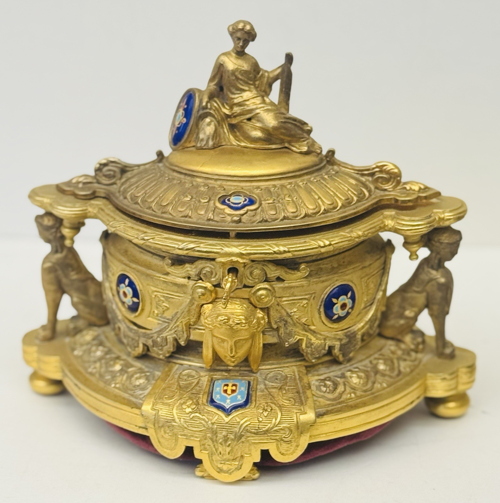 RARE CASKET NAPOLEON III GILT BRONZE ,9  CLOISONNE ENAME PLAQUES LOCK & KEY