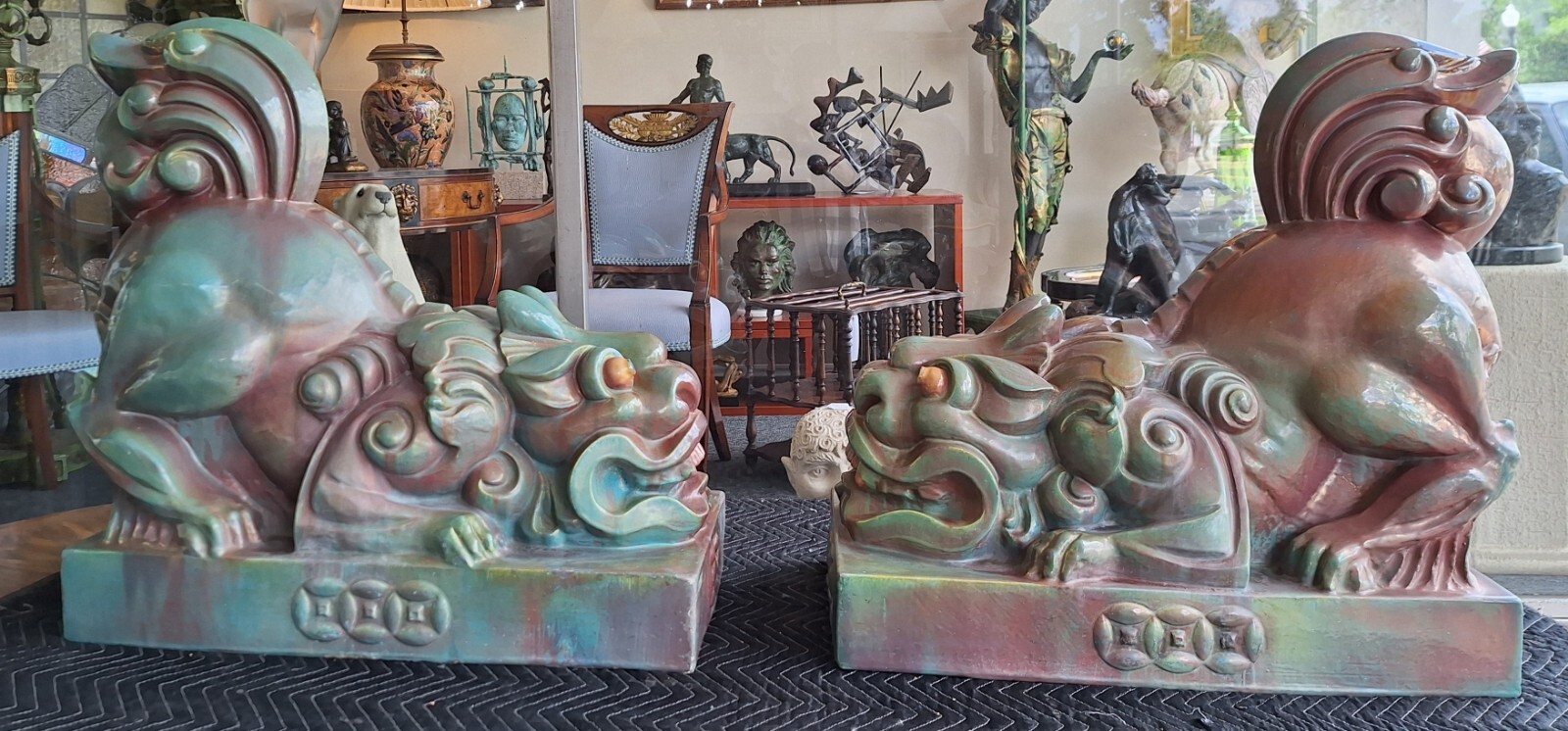 Pr. Of 1920's Clay / Terra Cotta  Chinese Art Deco Foo Dragons Or Dogs Mint 