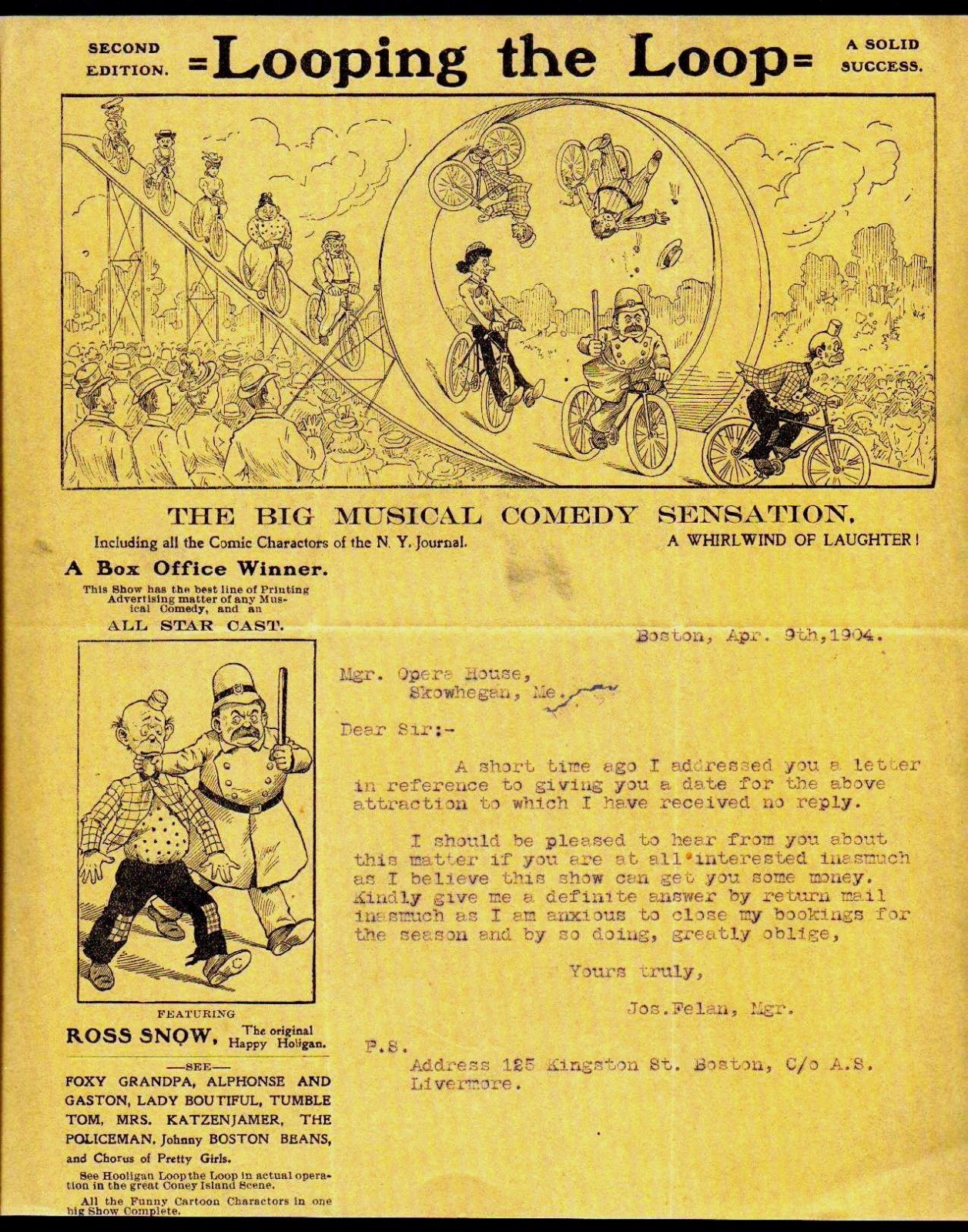 1904 Amazing Vaudeville Comedy - Looping the Loop - history Boston Letter Head 1904 Amazing Vaudeville Comedy - Looping the Loop - history Boston Letter Head