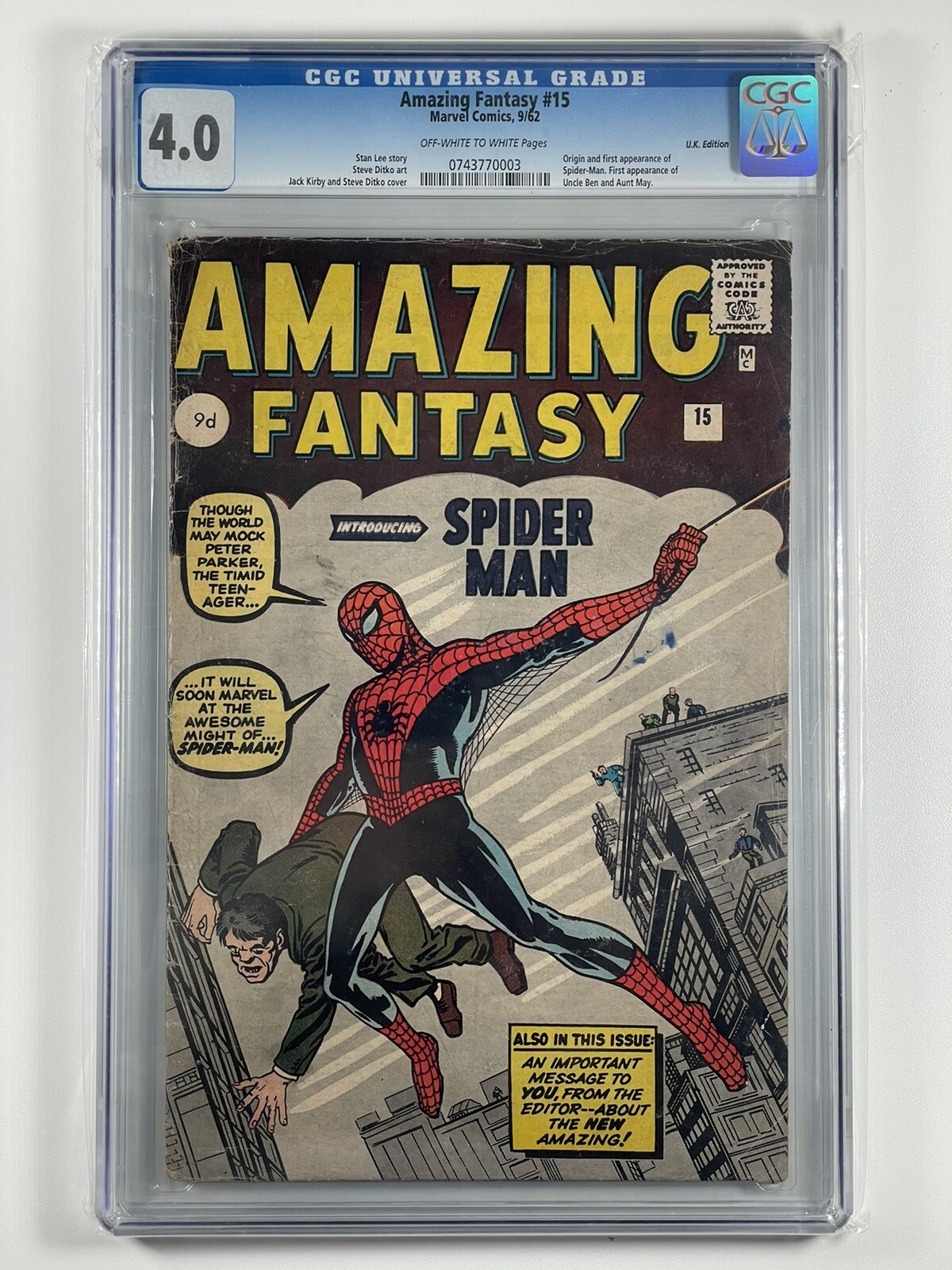 Amazing Fantasy #15 UK Price Variant CGC 4.0 OW/W Old Label 52 on Census CBCS
