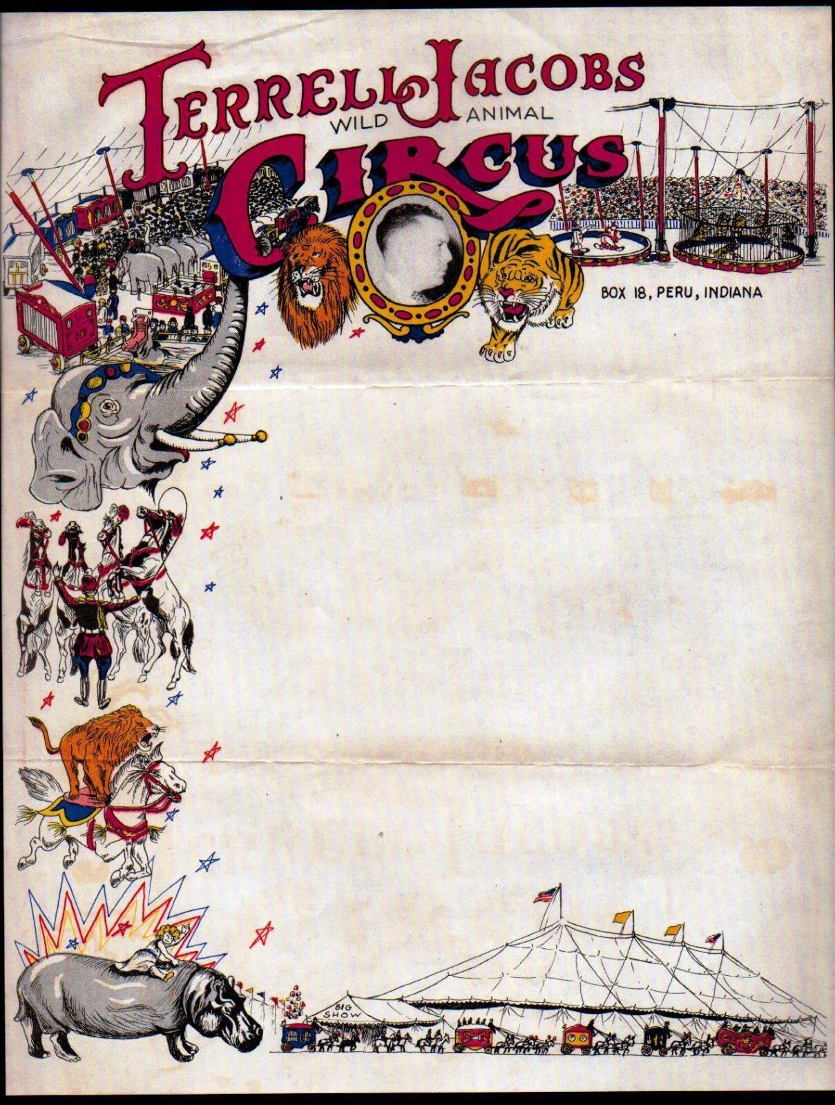 c1938 Peru Indiana - Circus Terrell Jacobs Wild Animals - Color Letter Head Bill