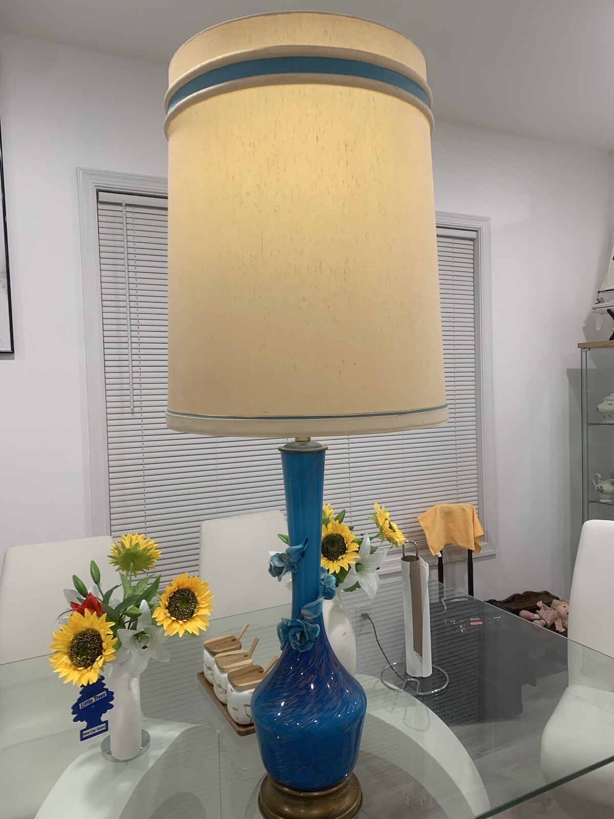 VERY RARE RARE. TURQUOISE AND GOLD MURANO VENETIAN GLASS LAMP FLOWERS MIDCENTURY