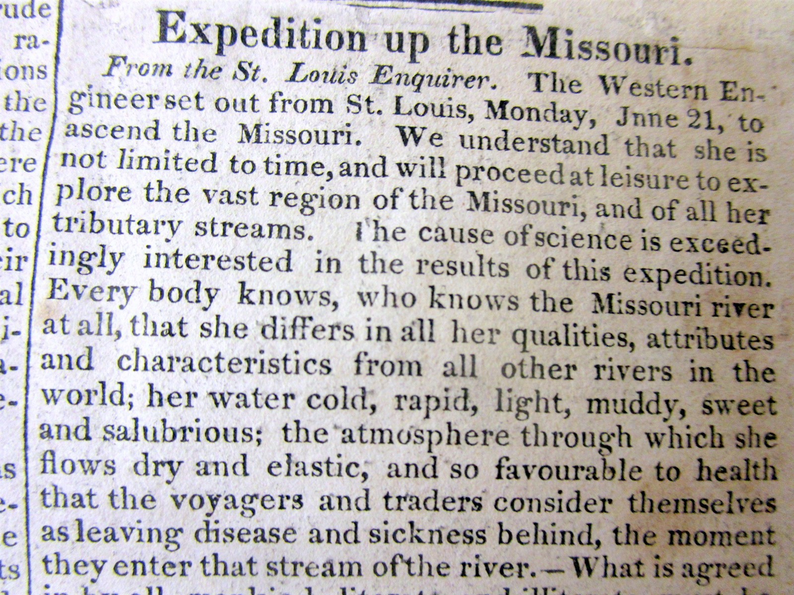 1819 newspaper THE STEPHEN H LONG EXPEDITION of the MISSOURI RIVER sets out 1819 newspaper THE STEPHEN H LONG EXPEDITION of the MISSOURI RIVER sets out