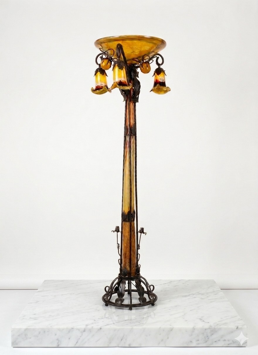 Vintage Art Nouveau / Art Deco Torchiere Floor Lamp Blown Glass Wrought Iron Vintage Art Nouveau / Art Deco Torchiere Floor Lamp Blown Glass Wrought Iron