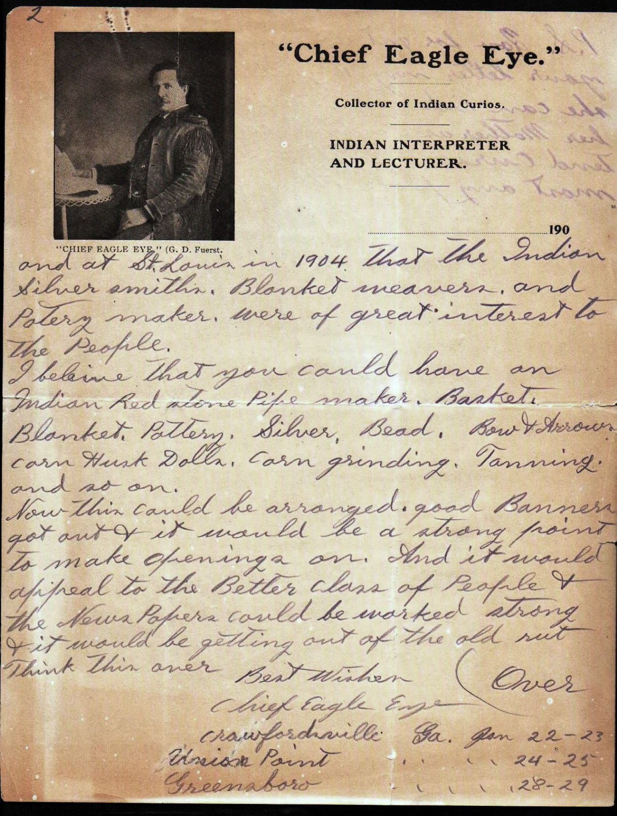 1904 - Chief Eagle Eye - Indian Curio Collector - G D Fuerst - Letter Head Bill