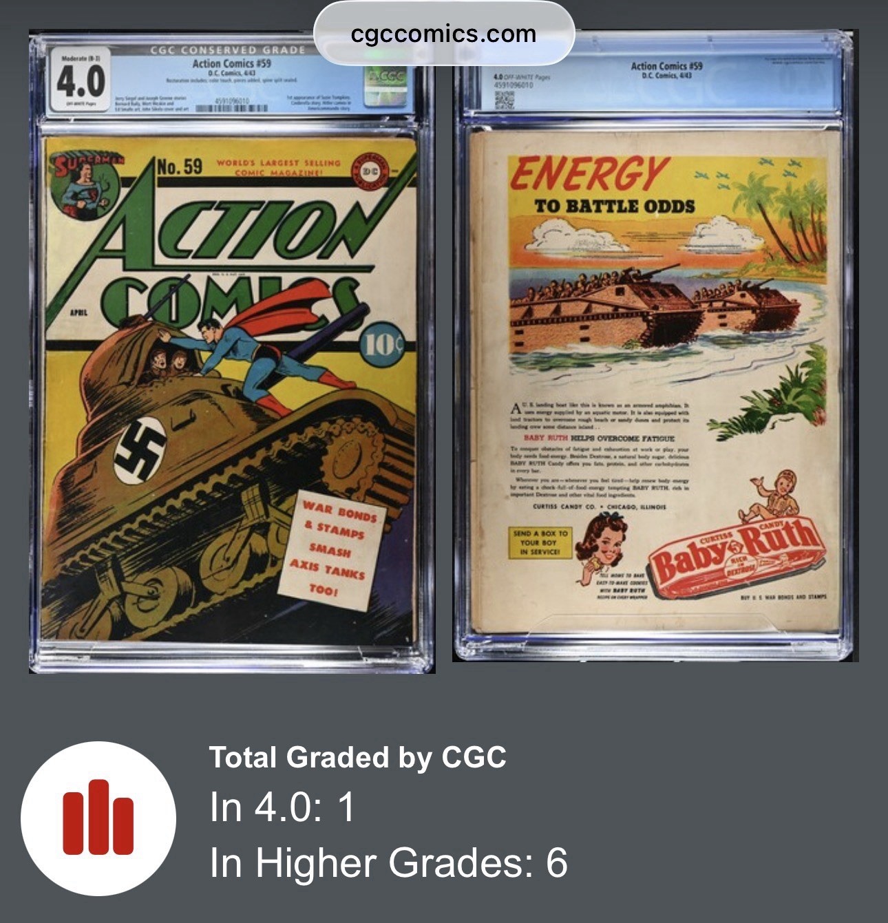 Superman 1943 Action Comics #59 Hitler 1st Susie CGC ~Best #1 WW II 2 Tank Cover Superman 1943 Action Comics #59 Hitler 1st Susie CGC ~Best #1 WW II 2 Tank Cover