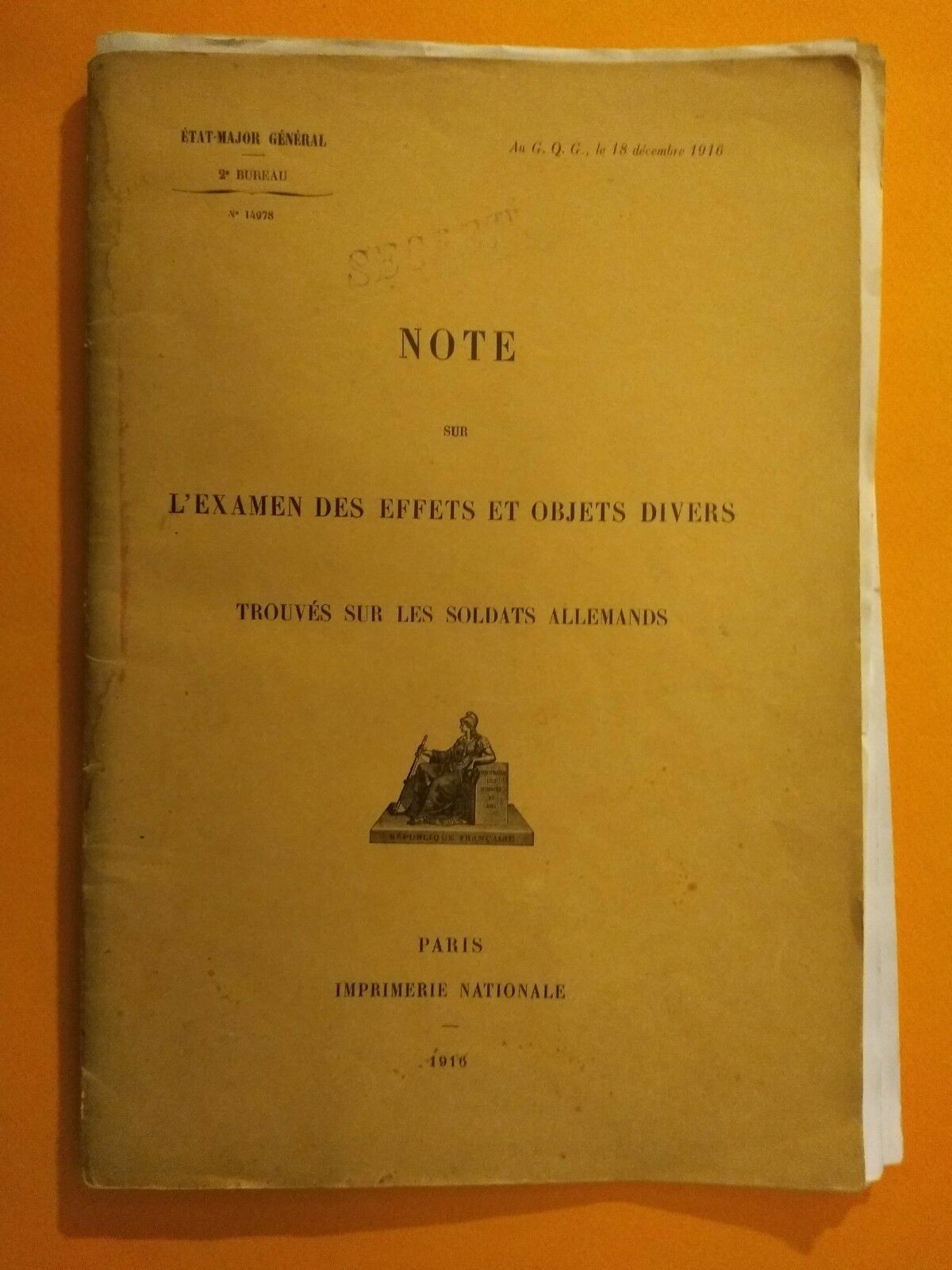 SECRET DOCUMENTS GENERAL STAFF - Examination of German Soldier Effects 1916 