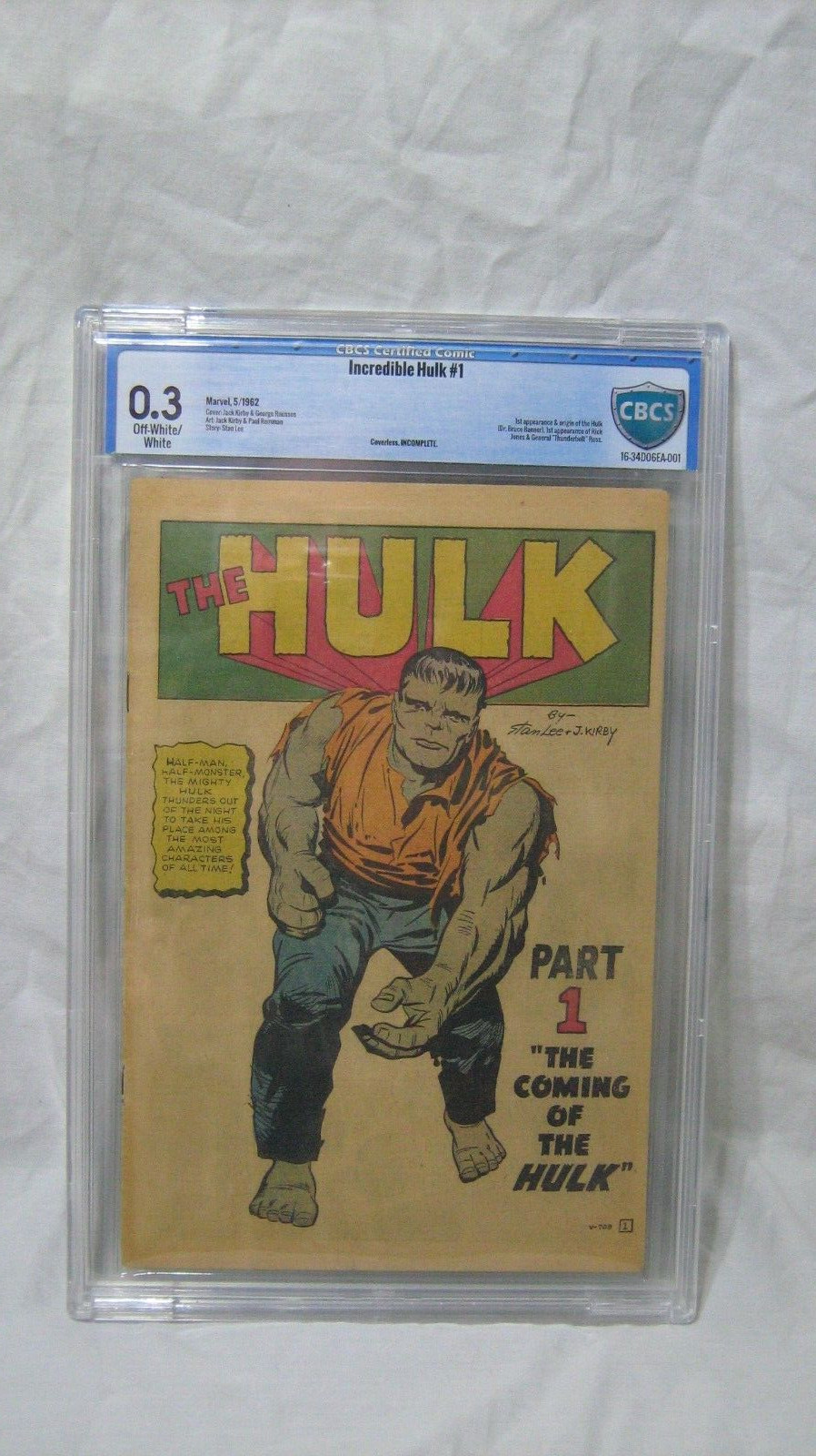 Incredible Hulk #1 CBCS .3 High Grade Coverless Off-White/White Not CGC Looks VF Incredible Hulk #1 CBCS .3 High Grade Coverless Off-White/White Not CGC Looks VF