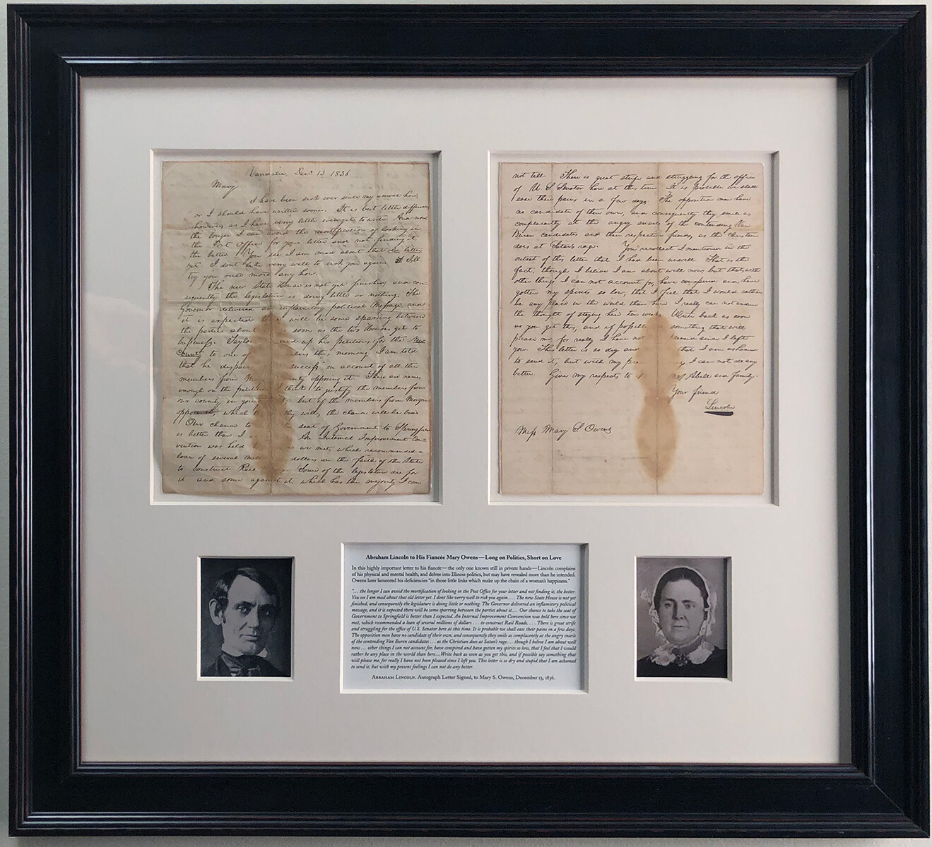 1836 Abe Lincoln orig. Autograph Letter Signed to his Fiancée Mary Owens (RARE)