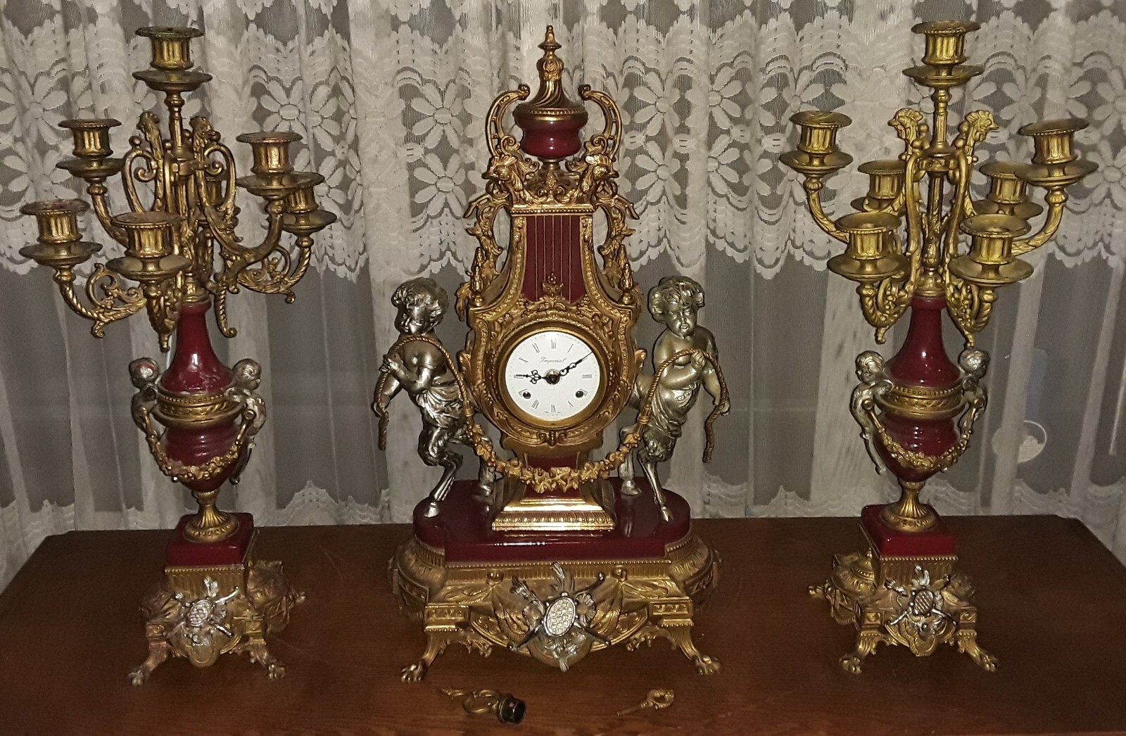 Vintage Imperial Brevettato Italian/German Franz Hermle Clock  w/ 2 Candelabras