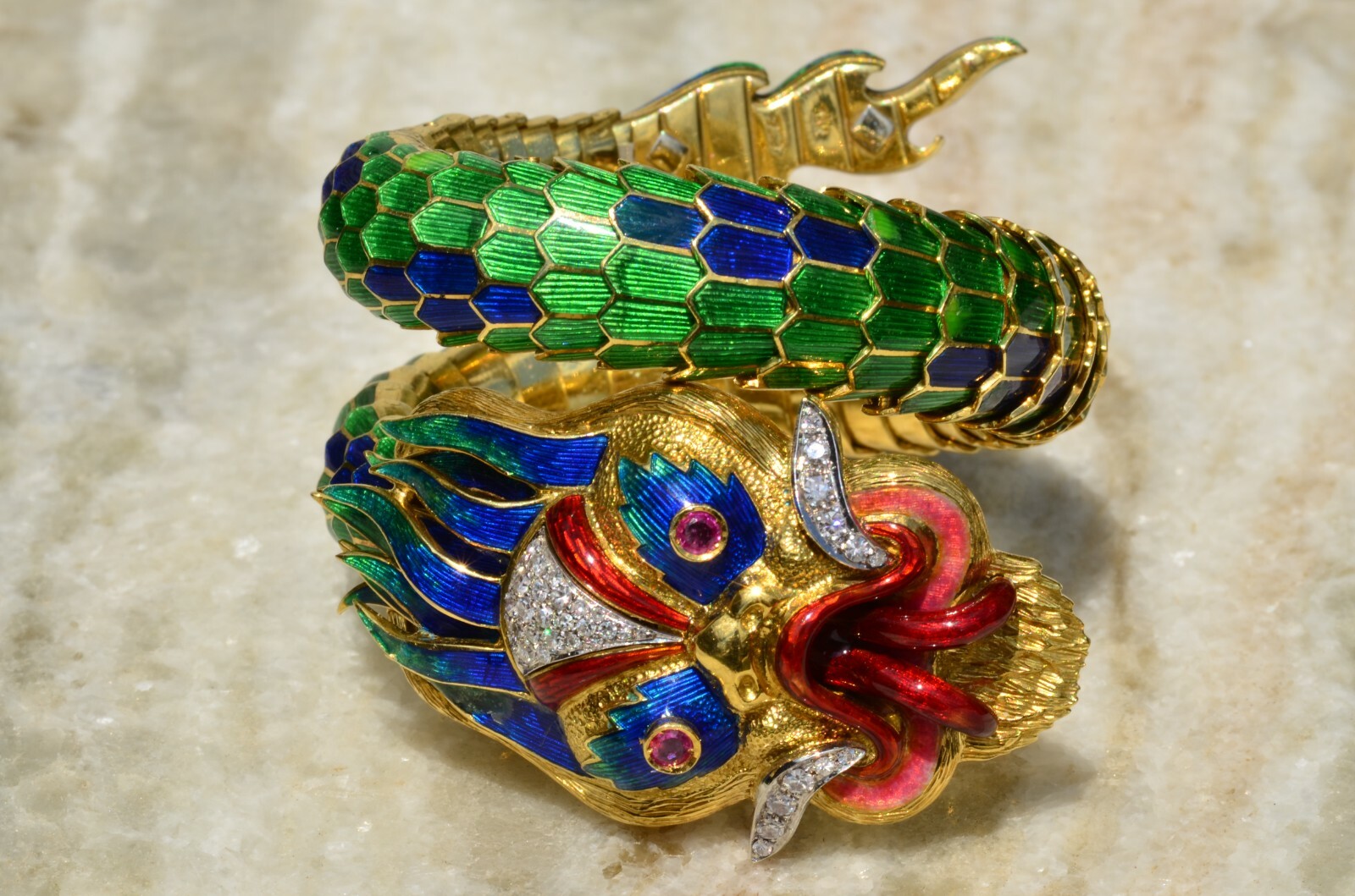 Incredible Flexible Dragon Bracelet set with Rubies, Diamonds and Finished with Incredible Flexible Dragon Bracelet set with Rubies, Diamonds and Finished with